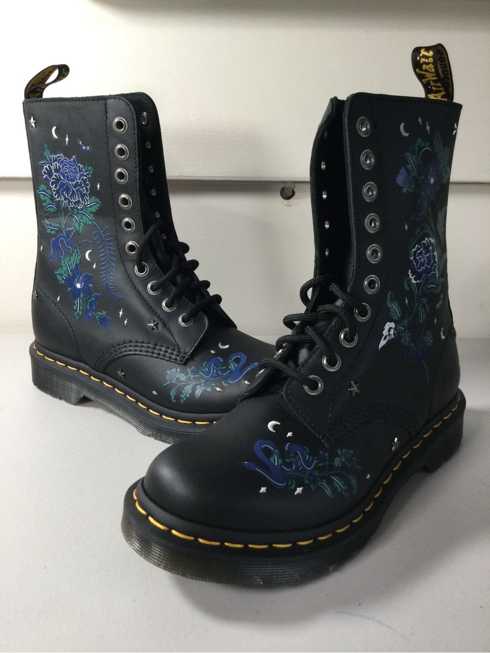 Dr. Martens Black Floral Lace-Up Boot with Yellow Welt Stitching - Picture 7 of 8